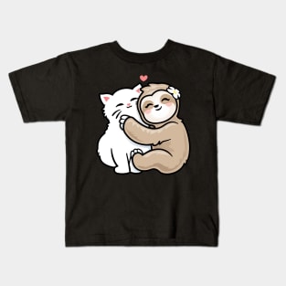 Sloth Hugging Kitty Cat Funny Cute Best Friend Kids T-Shirt